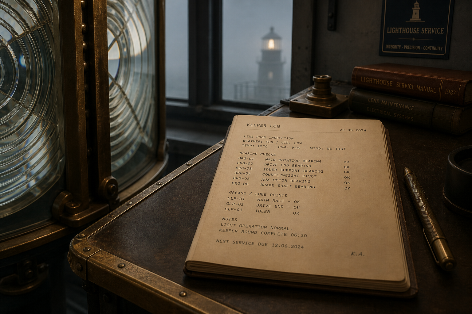 Keeper log notes on brass-edged desk beside glass lens panel