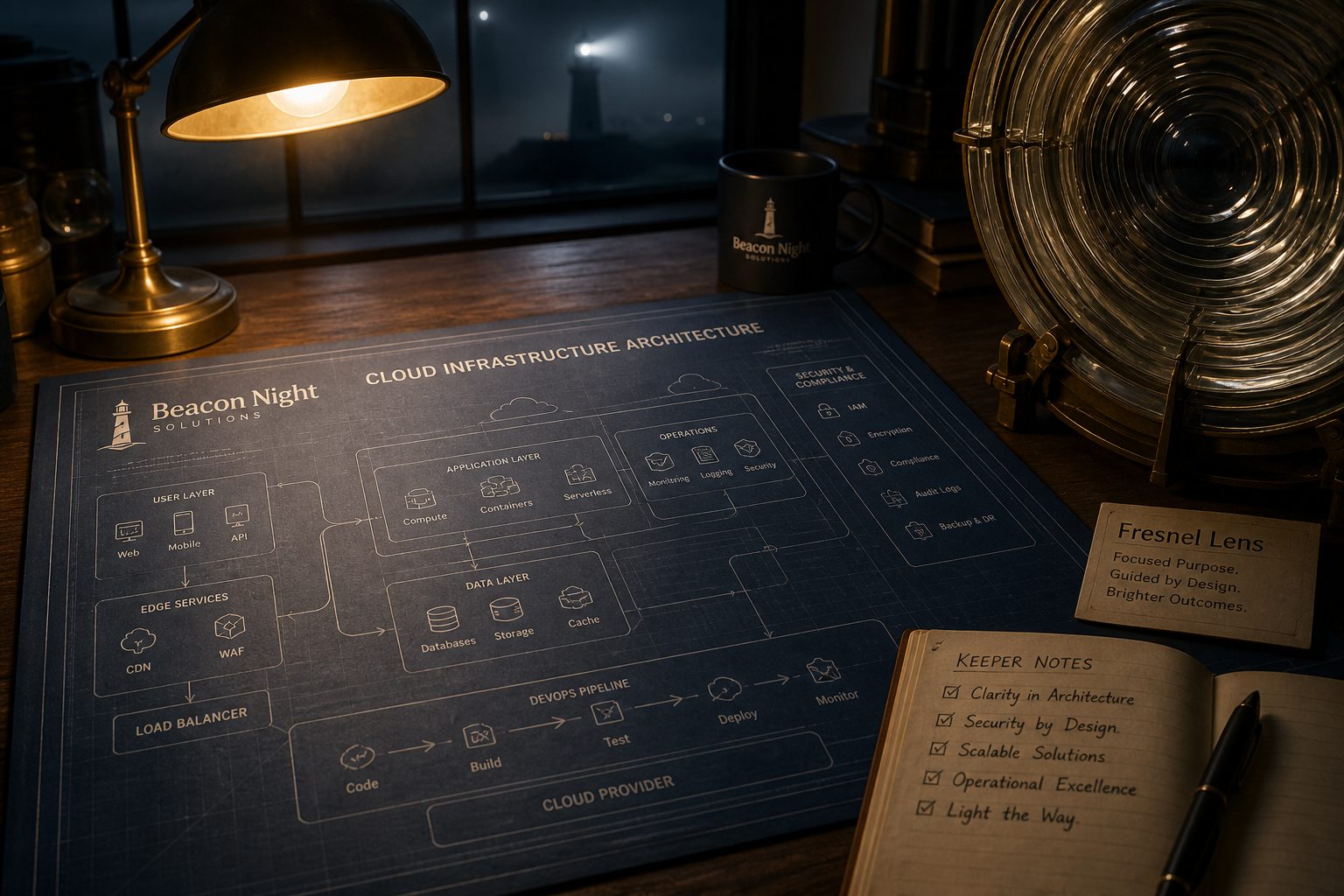 Cloud infrastructure blueprint beside Fresnel lens